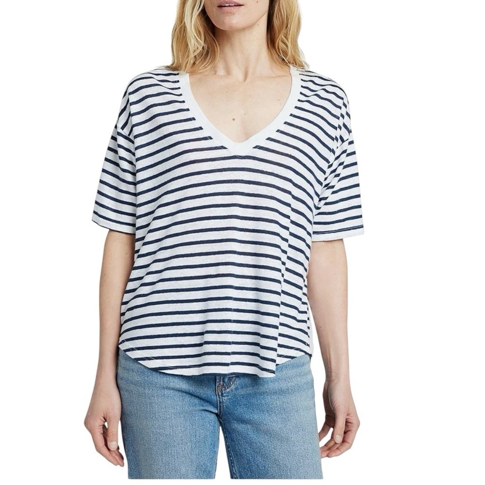 Faherty Oceanside Linen V-Neck Tee Striped 100% Linen Small